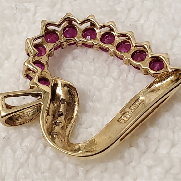 Vintage 10 Karat Yellow Gold Open Heart Pendant Diamonds Red Rubies Women's - Picture 5 of 10